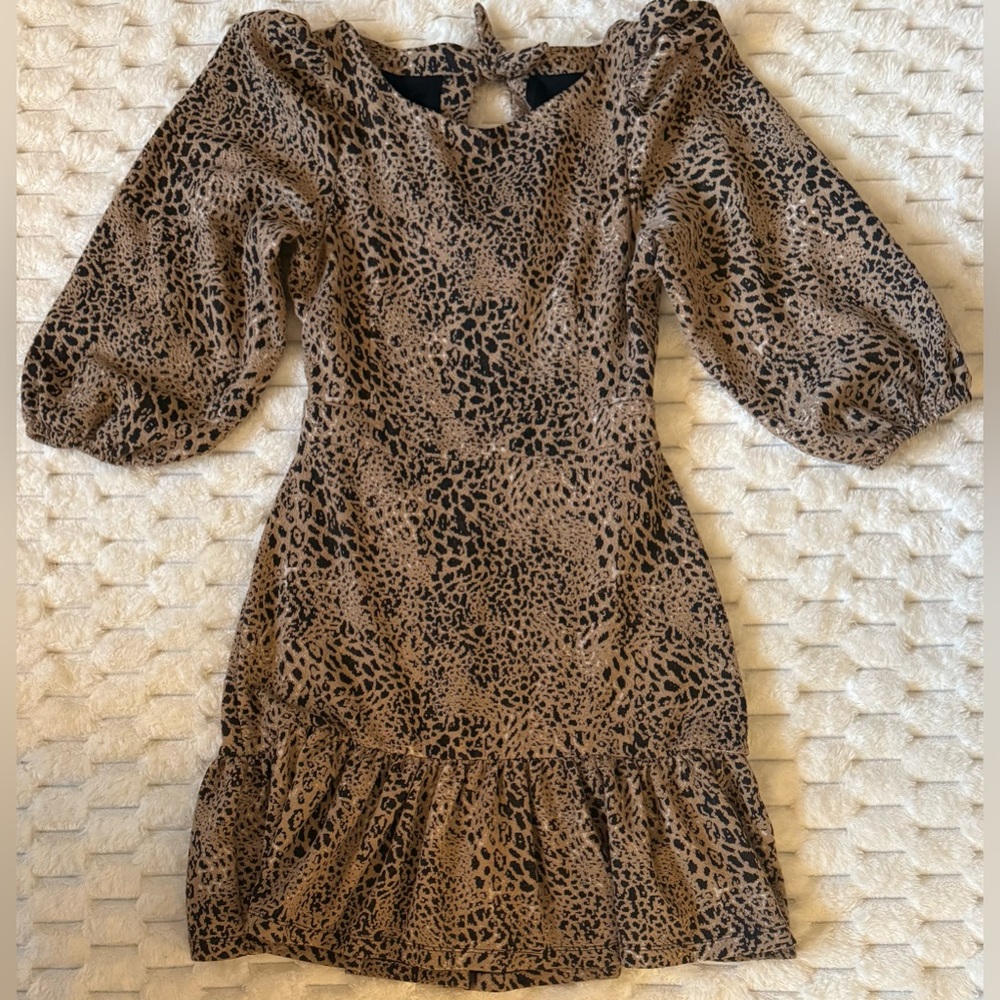 Maeve by Anthropologie Leopard Puff Sleeve Cut Out Mini Dress Women’s 10 EUC - Picture 3 of 8
